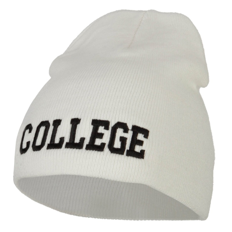 College Embroidered Knitted Short Beanie White One Size