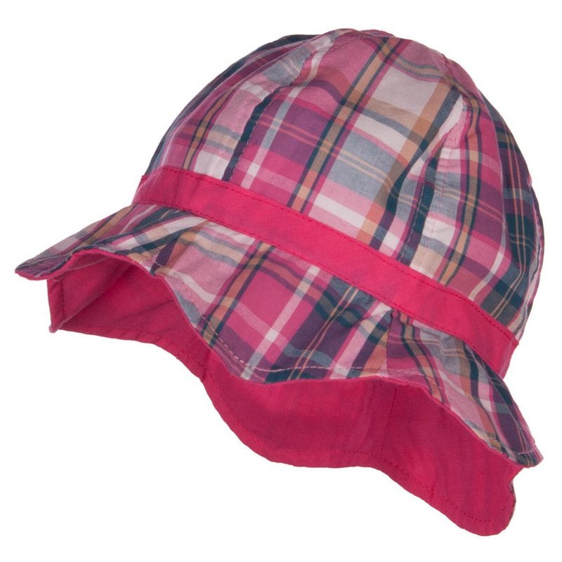 Girl’s Wavy Brim Plaid Cotton Bucket Hat Pink One Size