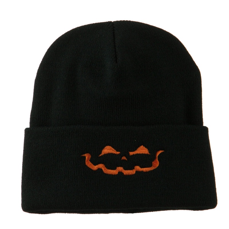 Halloween Jack o Lantern Face Embroidered Long Beanie Black One Size