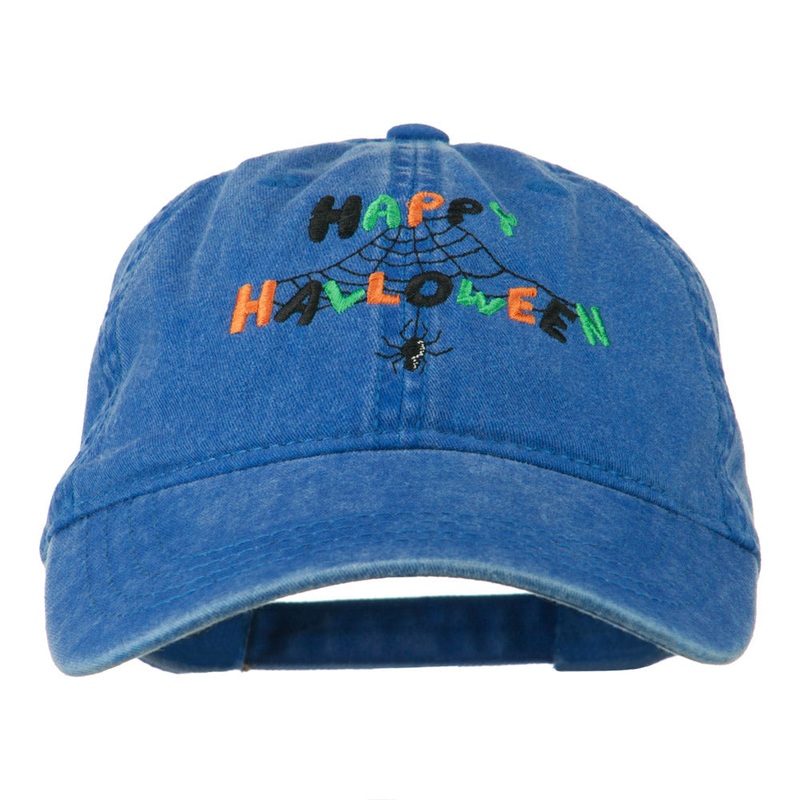 Happy Halloween Spider Webs Embroidered Washed Dyed Cap Royal One Size