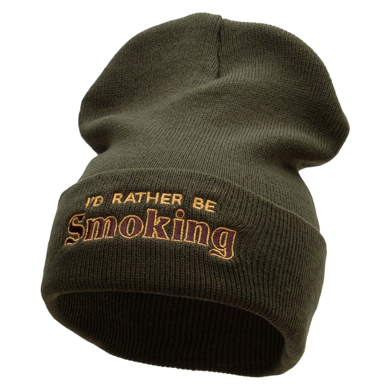 I’d Rather Be Smoking Phrase Embroidered 12 Inch Solid Long Beanie Made in USA Olive One Size
