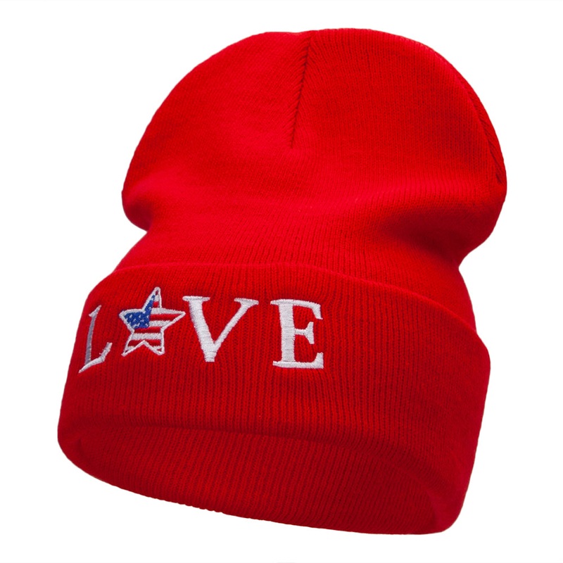 Love USA Logo Phrase Embroidered Long Knitted Beanie Red One Size
