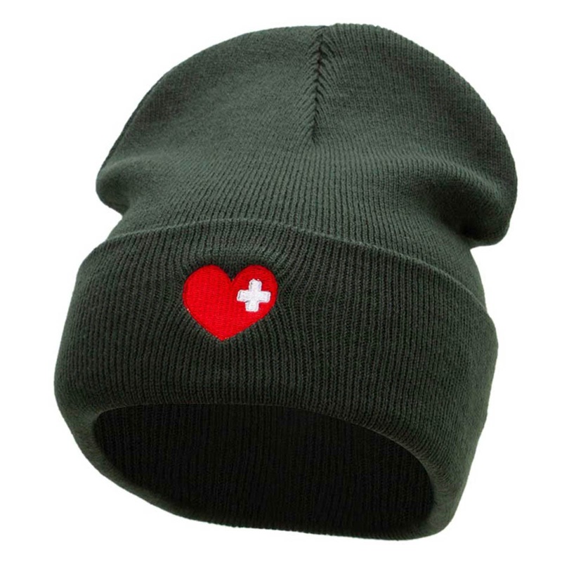 Medical Love Embroidered 12 Inch Long Knitted Beanie Olive One Size