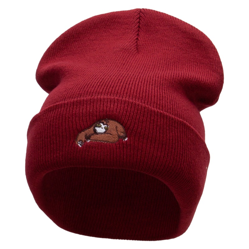 Sloth Embroidered 12 Inch Long Knitted Beanie Maroon One Size