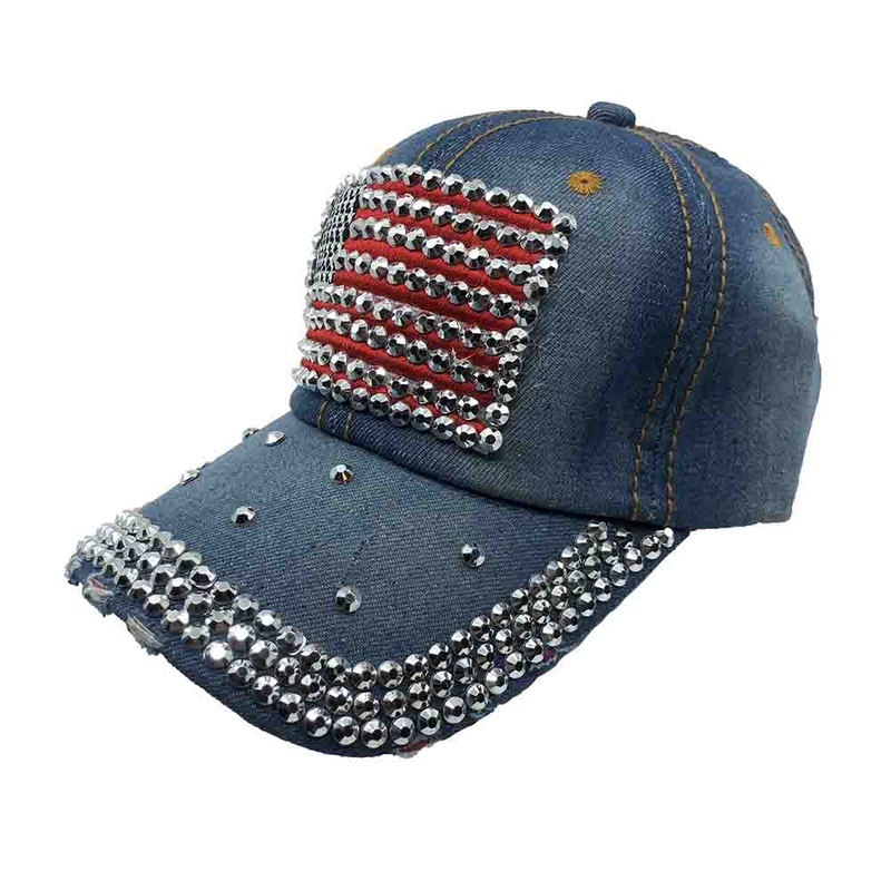 USA Red White and Blue Rhinestone Studded Baseball Cap – Bohemian Fashion Dark Denim