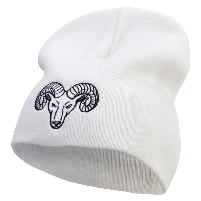 Angry Ram Head Embroidered Big Size Superior Cotton Short Knit Beanie White XL-3XL