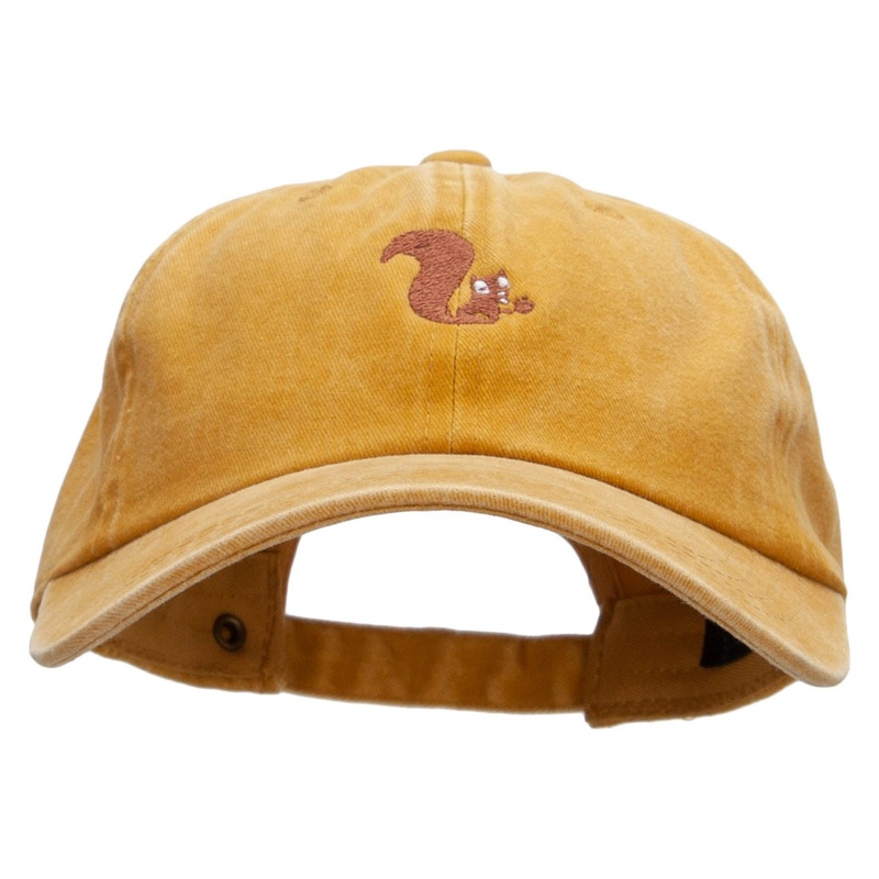 Cute Squirrel Embroidered Unstructured Pigment Dyed Cotton Cap Gold One Size