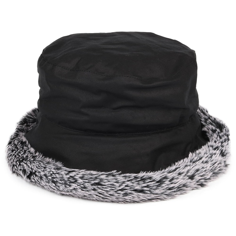 Failsworth Hats British Waxed Cotton Faux Fur Trim Bucket Hat – Black 1-Size
