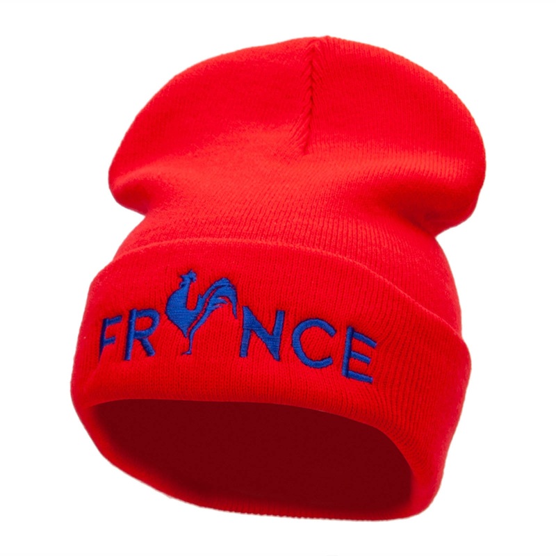 French Rooster Embroidered 12 Inch Long Knitted Beanie Red One Size