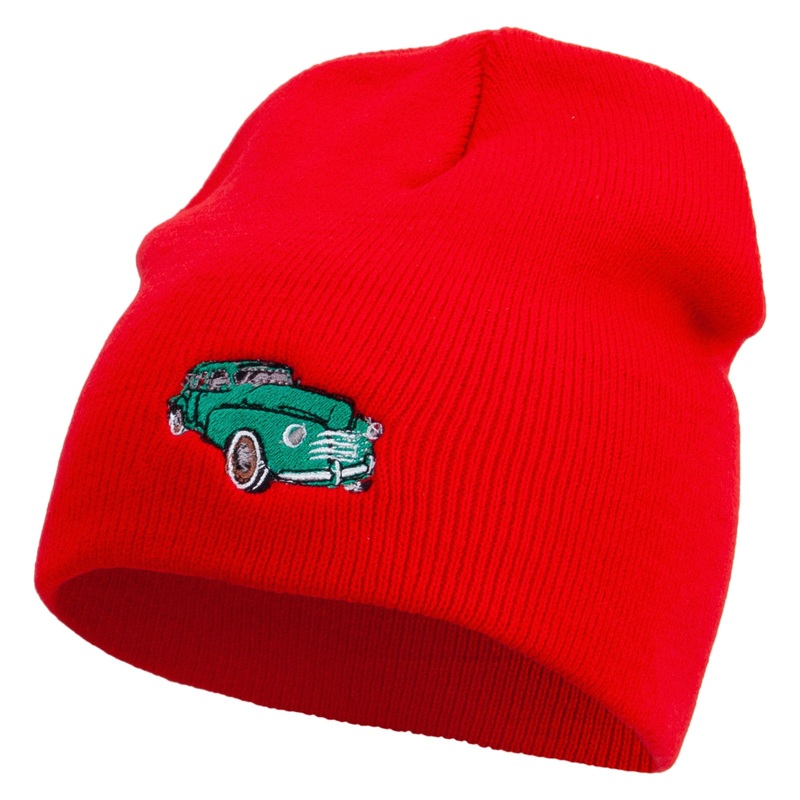 Green Classic Car Embroidered 8 Inch Short Beanie Red One Size