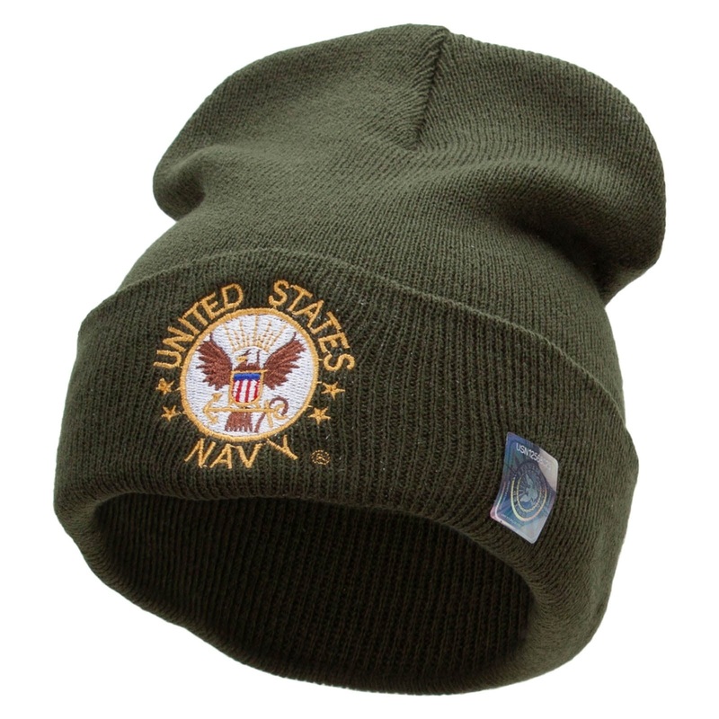 US Navy Circular Logo Embroidered Long Beanie Made in USA Olive One Size
