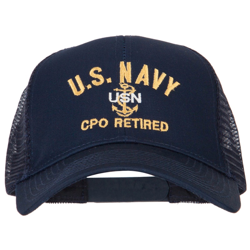 US Navy CPO Retired Military Embroidered Solid Cotton Mesh Pro Cap Navy One Size