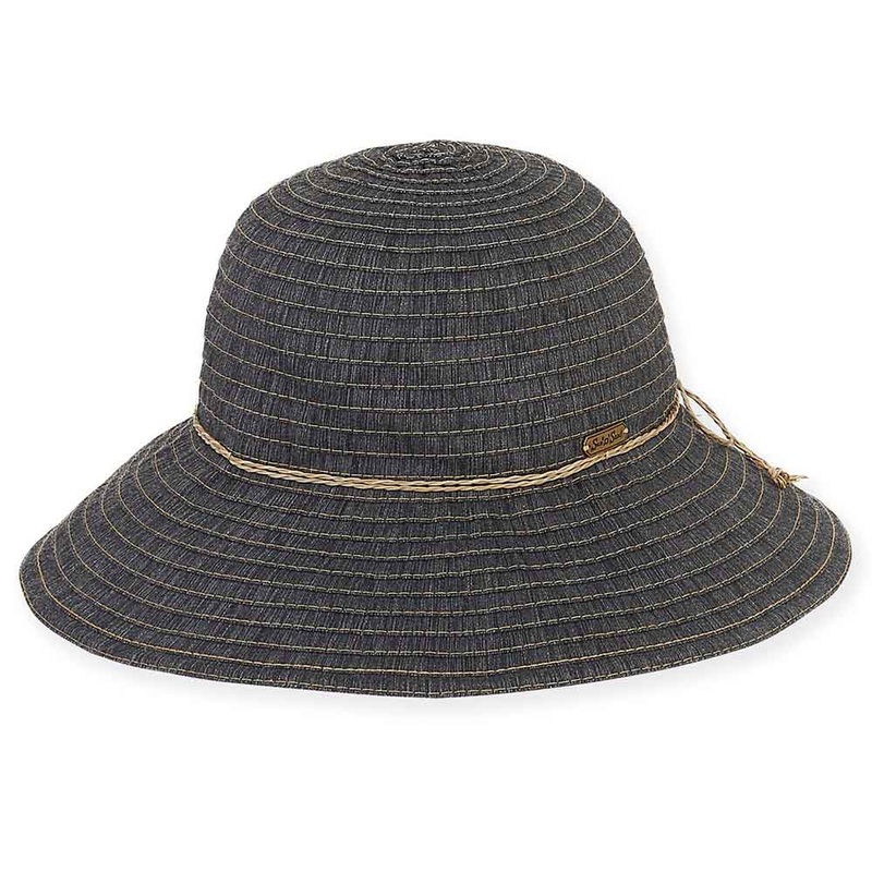 Denim Ribbon Wide Brim Sun Hat with Straw String Bow – Sun ‘n’ Sand Hats Black Medium (57 cm)