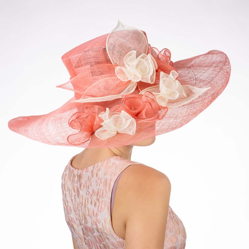 Flower String Wide Brim Pink and Ivory Sinamay Dress Hat – KaKyCO Pink / Ivory M/L (58 cm)