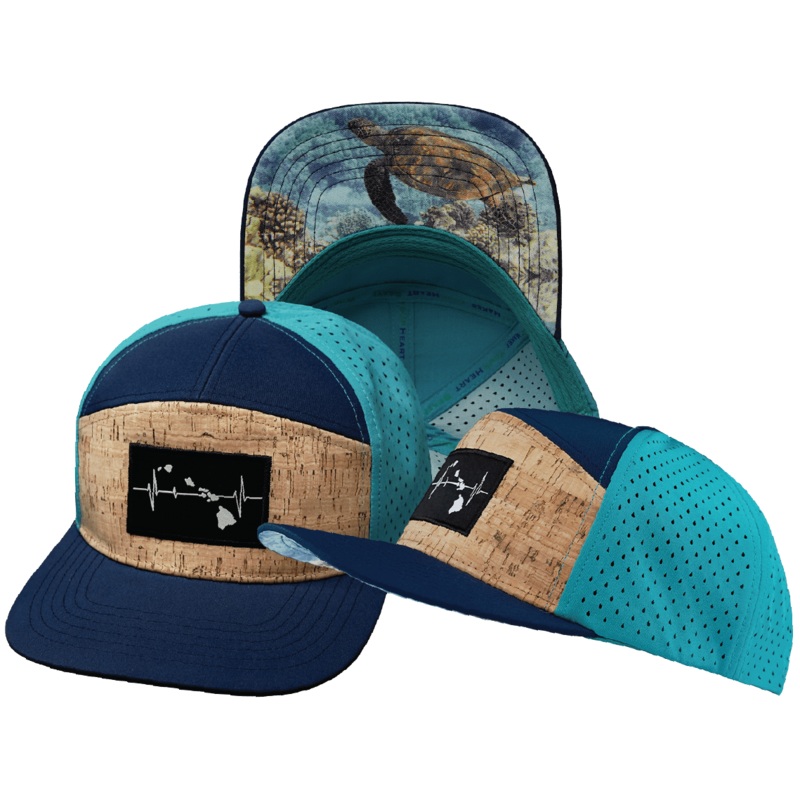 Hawaii Hat – Flat Bill – Cork – Navy / Teal – Laser Mesh