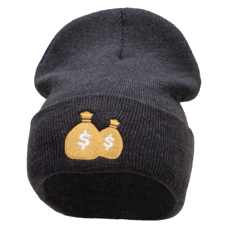 Money Pouch Embroidered 12 Inch Long Knitted Beanie Heather Charcoal One Size