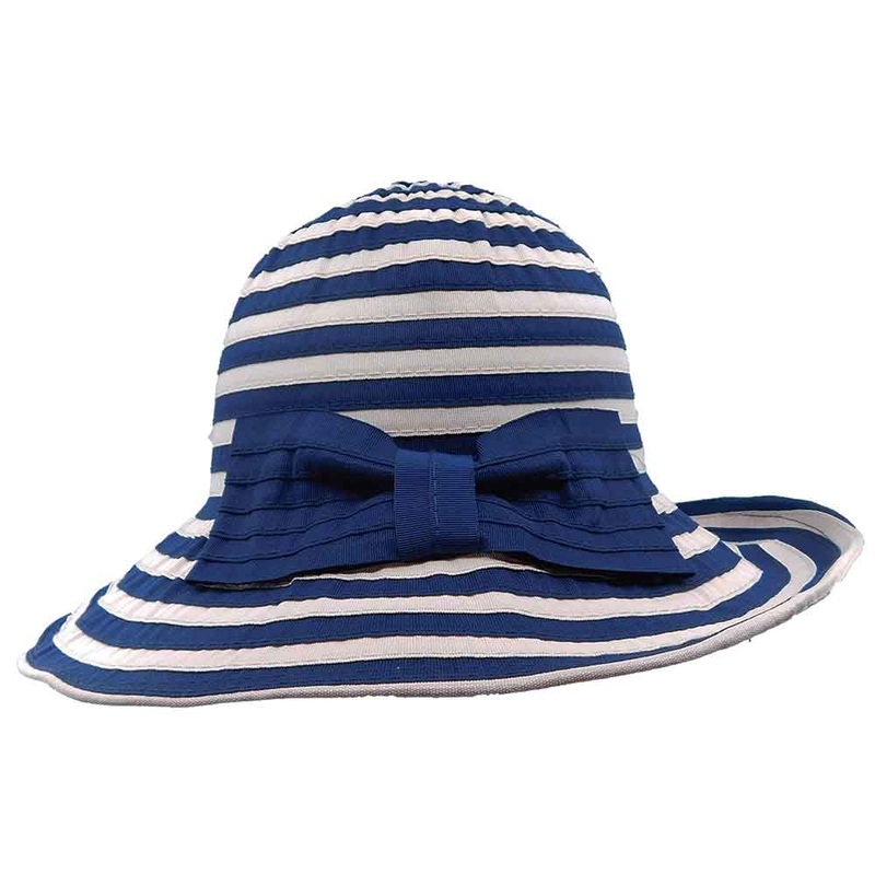 Packable Striped Ribbon Hat with Large Bow – Bohemian Fashion Navy / Pink