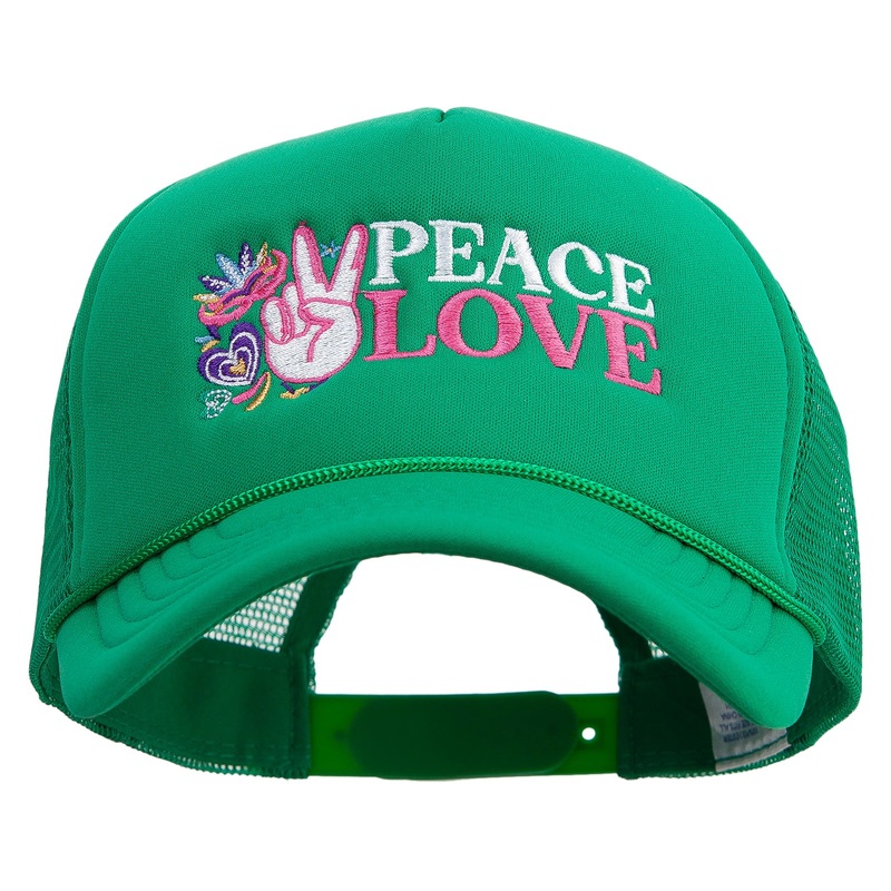 Peace love Mardi Gras Embroidered Summer Foam Mesh Trucker Cap Kelly Green One Size