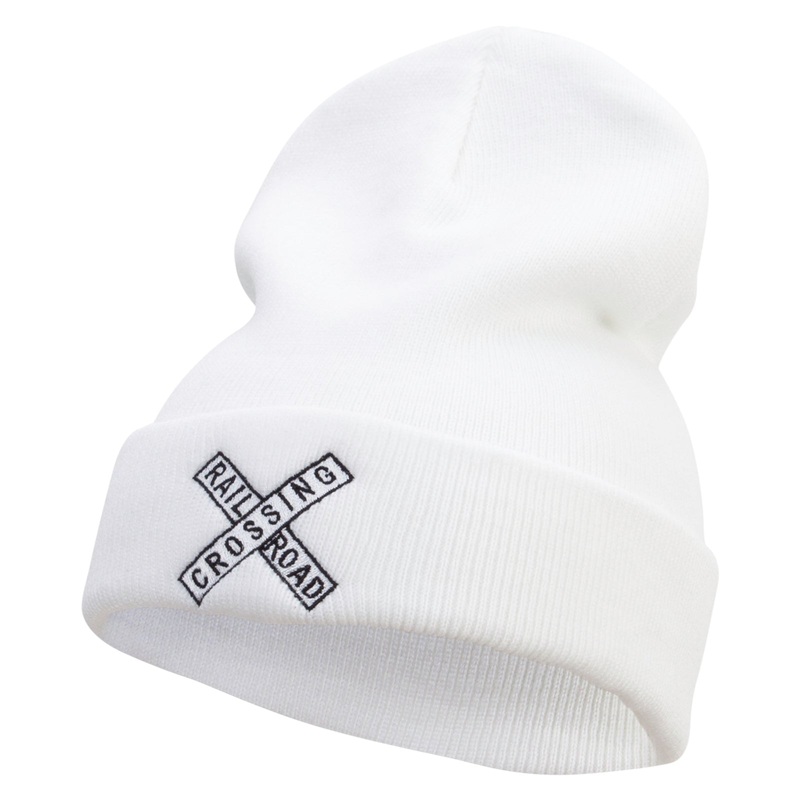 Railroad Crossing Embroidered 12 Inch Long Knitted Beanie White One Size