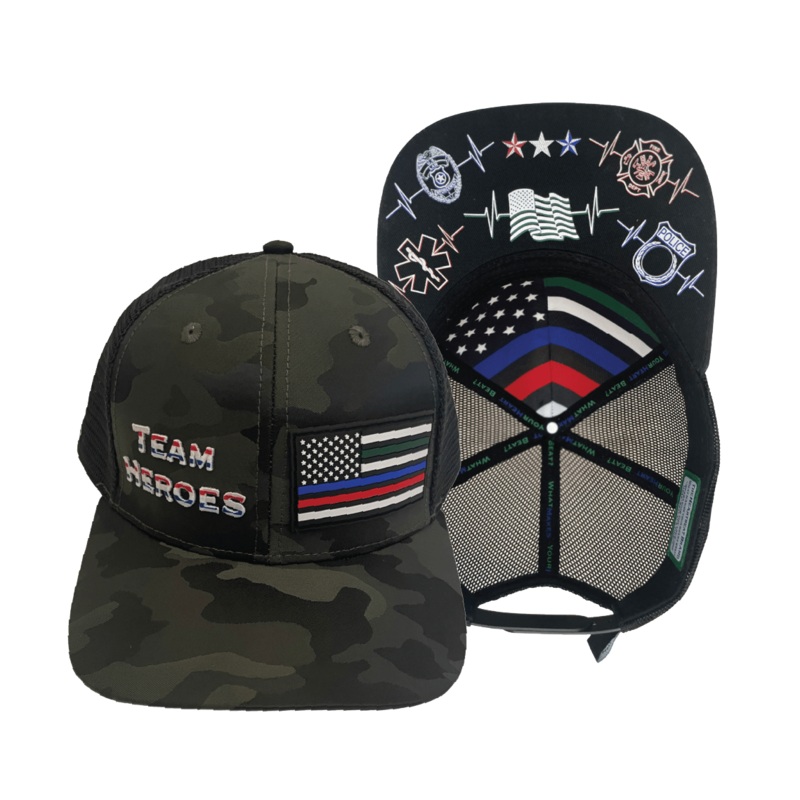 Team Heroes Hat – Baseball Hat Fit – Green Camo / Black – Trucker Mesh