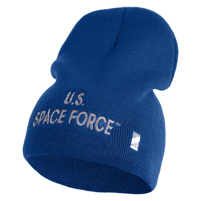 US Space Force Grey Letter Symbol Embroidered 8 Inch Solid Knit Short Beanie Made in USA Royal Blue One Size