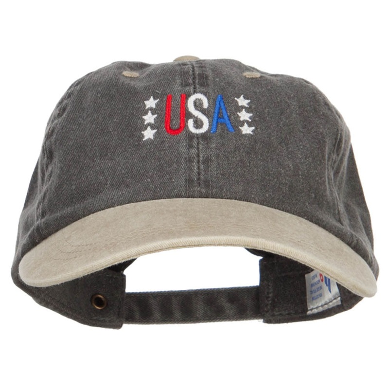 USA Stars Embroidered Two Tone Washed Cap Black Khaki One Size