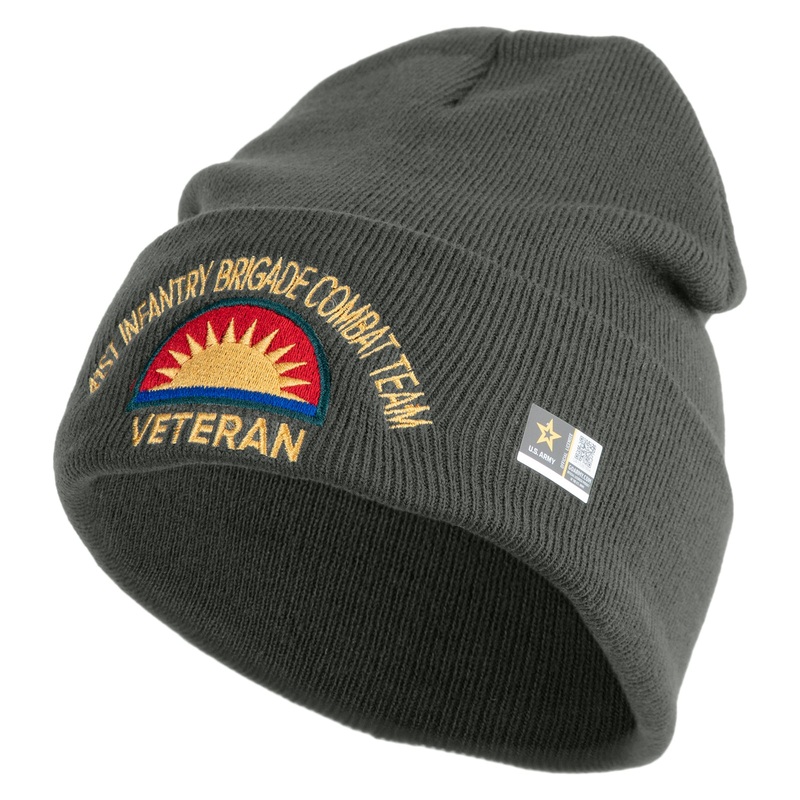 U.S. Army 41st Infantry Brigade Combat Team Logo Embroidered 12 Inch Solid Knit Cuff Long Beanie Made in USA Charcoal One Size