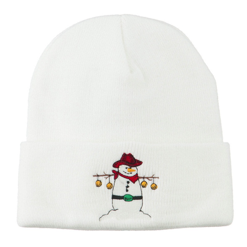 Western Snowman Christmas Embroidered Beanie White One Size