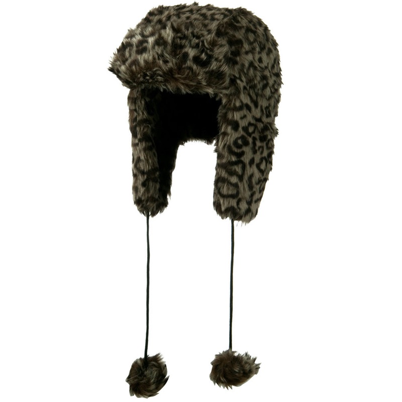 Woman’s Animal Print Faux Fur Tropper Hat Grey One Size