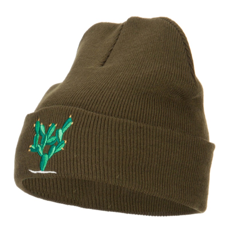 Cactus Embroidered Long Beanie Olive One Size