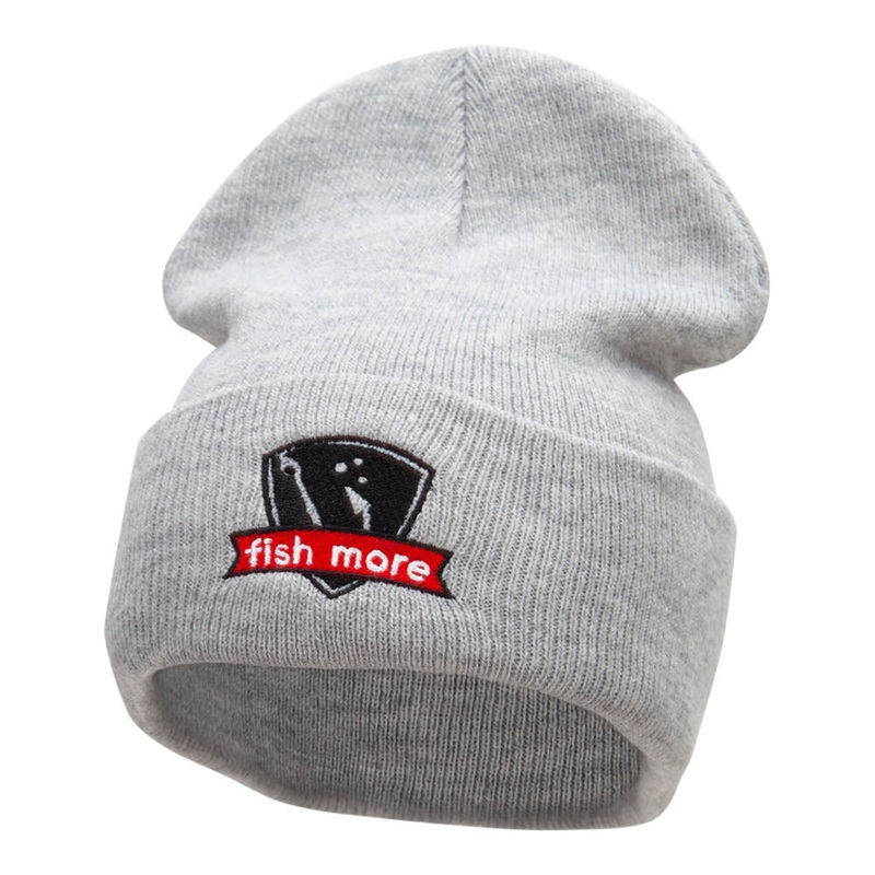 Fish More Embroidered Long Knitted Beanie Heather Grey One Size