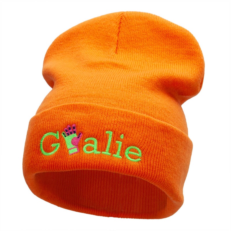 Goalie Glove Embroidered 12 Inch Long Knitted Beanie Orange One Size