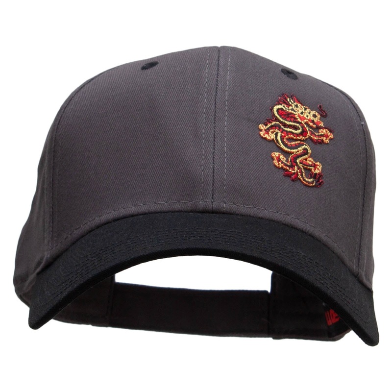 Tiny Red Black Asian Dragon Patched Two Tone Cotton Twill Low Profile Strap Cap Black Charcoal One Size