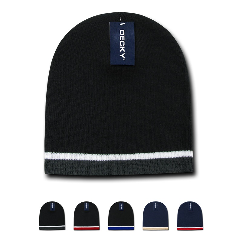 Decky 8015 – Double Striped Beanie, Knit Cap Black/White/Charcoal
