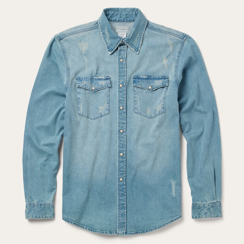 Distressed Denim Western Shirt Blue S