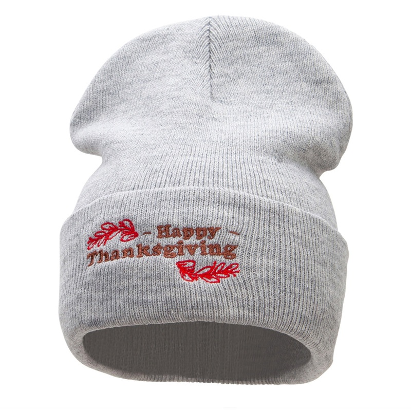 Happy Thanksgiving Embroidered Knitted Long Beanie Heather Grey One Size