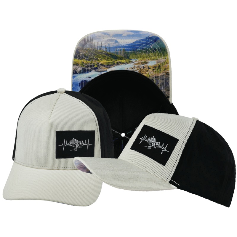 Mountains Hat – Trucker Hat – Corduroy – Cream / Black – Laser Mesh