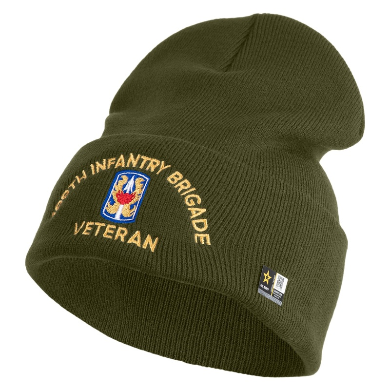 U.S. Army 199th Infantry Brigade Logo Embroidered 12 Inch Solid Knit Cuff Long Beanie Made in USA Olive One Size