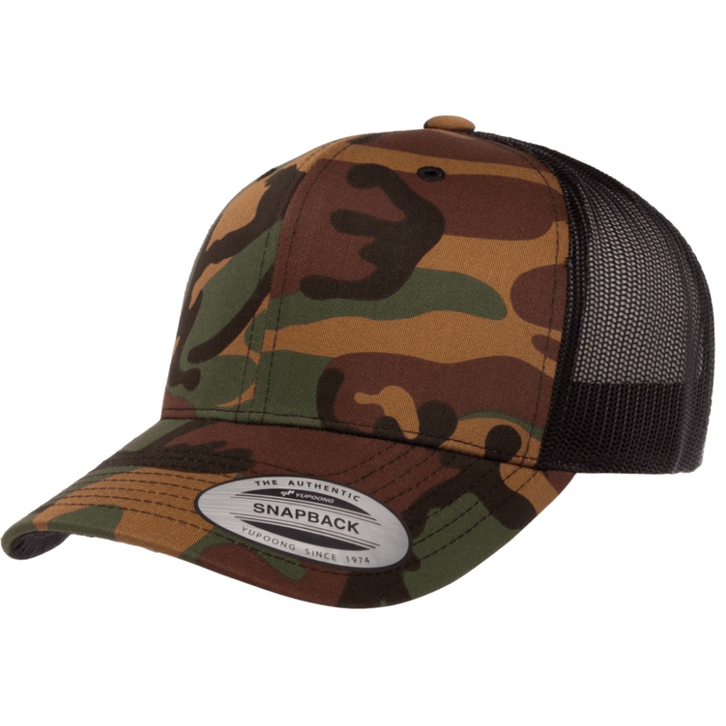 Yupoong 6606CA Camo Retro Trucker Hat, Baseball Cap with Mesh Back, Camouflage – YP Classics Green Camo/Black