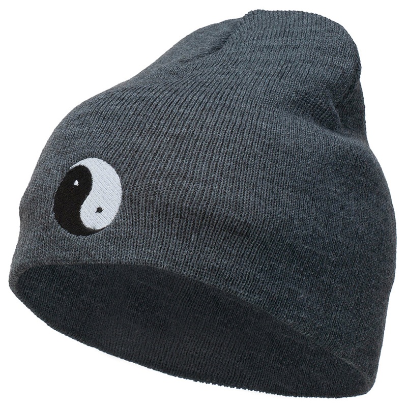Chinese Yin Yang Symbol Embroidered Short Beanie Dk Grey One Size