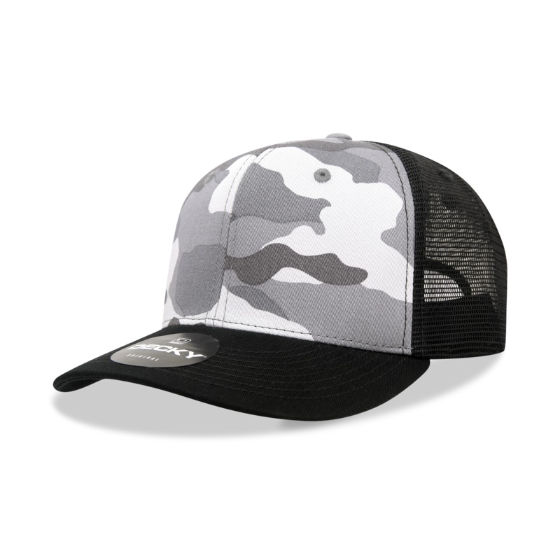 Decky 1054 Camo Curve Bill Trucker Hat, 6 Panel Camo Trucker Cap Black/Urb/Black