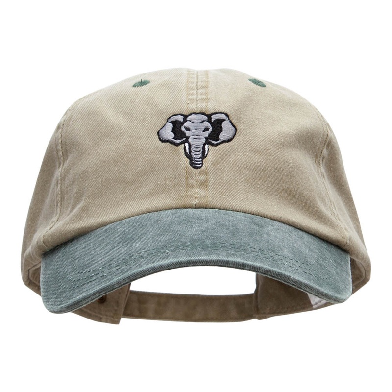 Elephant Mascot Embroidered Pigment Dyed Wash Caps Beige Green One Size