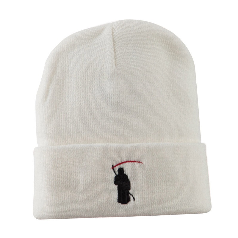 Halloween Solid Image of the Grim Reaper Embroidered Long Beanie White One Size