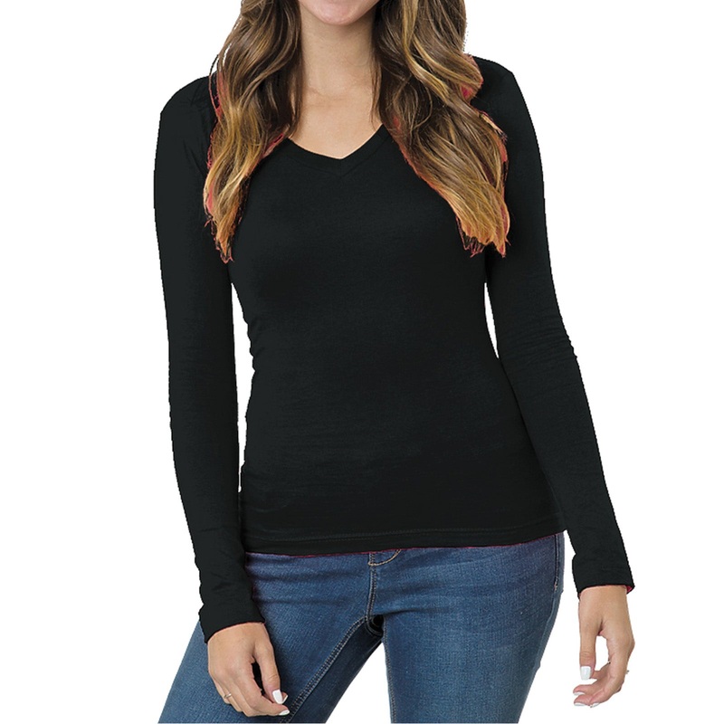 Made In USA Deep V-Neck Junior Fine Jersey Long Sleeve Black XS