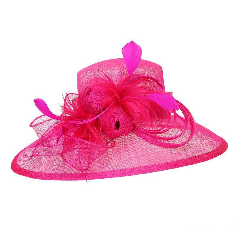 Oval Sinamay Dress Hat with Feather Flowers – Sophia Collection Fuchsia