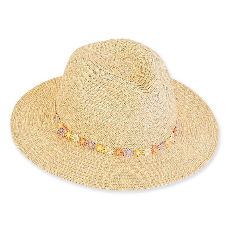 Petite Fedora Hat with Embroidered Flower Band – Sunny Dayz Natural Small (54.5 cm)