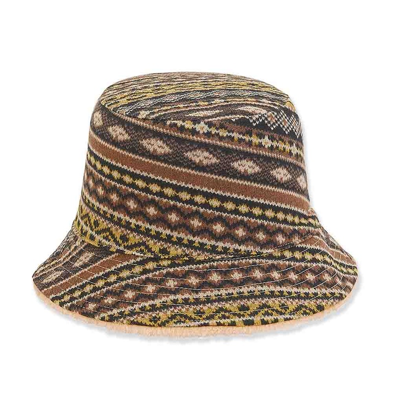 Reversible Faux Fur Bucket Hat with Jacquard Jersey Lining – Adora Hats Beige