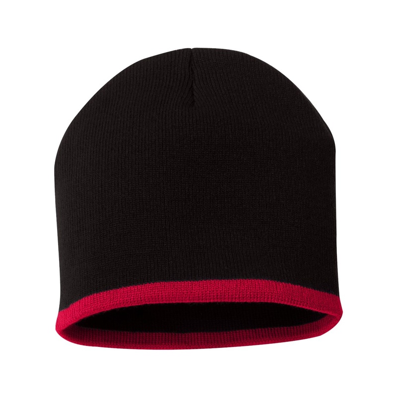 Sportsman SP09 – 8″ Bottom-Striped Knit Beanie Black/Red