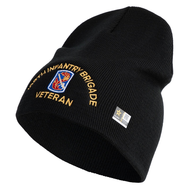U.S. Army 198th Infantry Brigade Symbol Embroidered 8 Inch Solid Knit Short Beanie Made in USA Black One Size