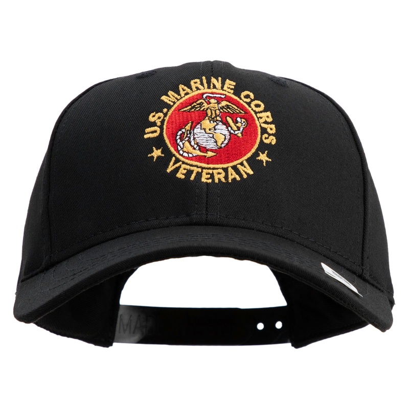 US Marine Corps Veteran Emblem Embroidered 6 Panel Structured Cotton Twill Cap Made in USA Black One Size